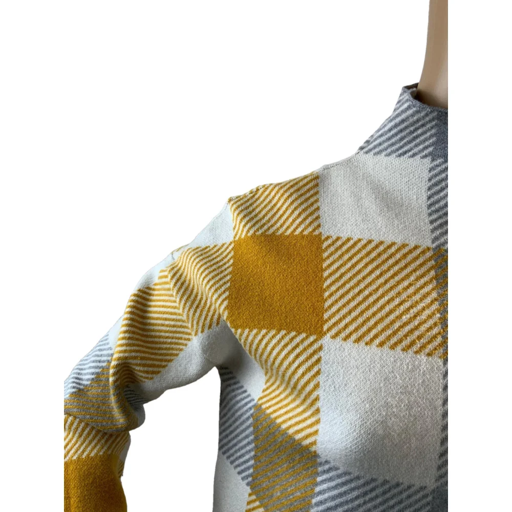 Tahari Womens Sweater Size Large Yellow Gray Plaid Mock Turtleneck Indie‎ Sleaze